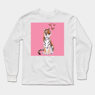 Tiger with butterflies paper cut art illustration on pink background Long Sleeve T-Shirt